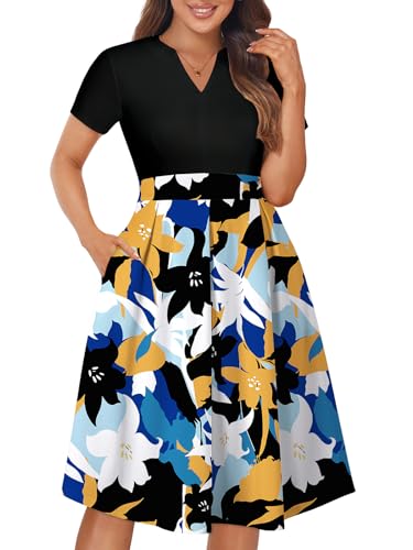 Image of YATHON Womens Elegant Print Notched Neck Slant Pocket Pleated Hem Casual A-Line Dress