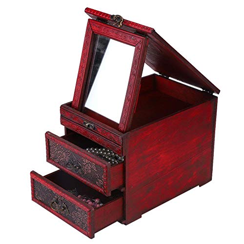 Canyita Joyero, Estuche de joyería de cinabrio Rojo Vintage con Espejo de Maquillaje, Adecuado para almacenar Joyas y como Accesorio de fotografía