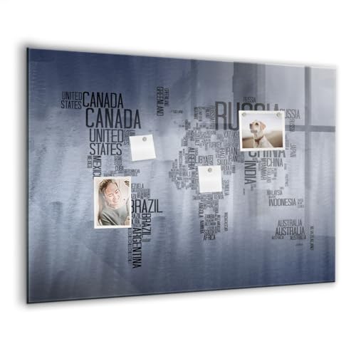 Tableau blanc en verre magnétique carte du monde 100x70cm avec 5 aimants pour bureau