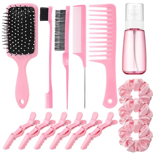 15 Pcs Slick Back Hair Brush Set, Bristle Hair Brush with Spray Bottle,Hair Clip,Edge Brush for Women, Men(Pink)