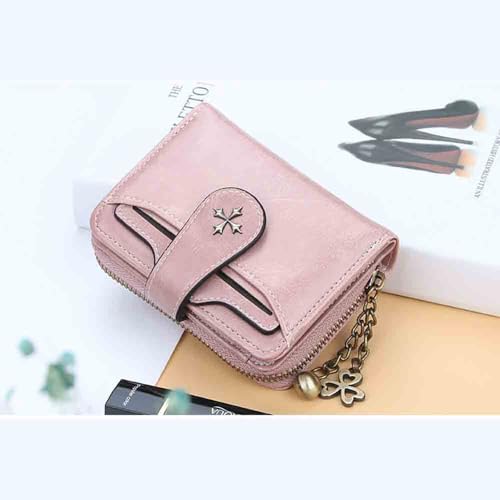 Image of Women's retro wallet small Y2K credit card bag zipper double fold mini leather aesthetic y2k wallet (Pink)