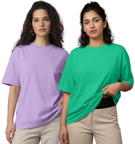 Image of LEOTUDE Women Cottonblend Drop Shoulder Oversized Round Neck Half Sleeve Tshirt, Longline Printed T-Shirt
