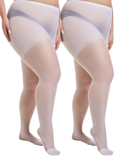 Image of Plus Size Sheer Tights for Women 20D Control Top Pantyhose Soft Stockings with Reinforced Toes 2 Pairs