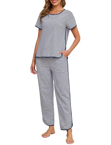 Image of Womens Pajama Sets Cotton 2 Piece Lounge Set Stripe Short Sleeve Pj Set Comfy Loungewear Sleepwear with Pockets
