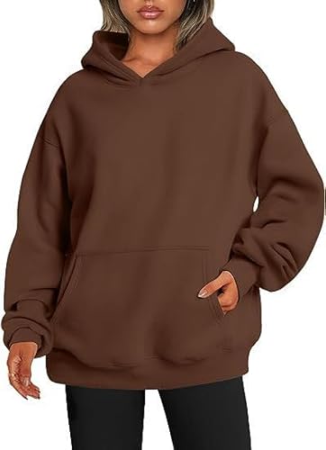 Kenhansion Womens Plain Hoodies Oversized Travel Fleece Sweatshirts Hoodie with Pockets Fall Fashion Pullover Outfits Clothes (Dark Brown,Small)
