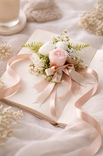Image of SATYAM KRAFT 1 Pcs Handmade Artificial Rose Floral Brooch with Satin Ribbon - Premium Wedding Corsage for Groom, Bridesmaid, Engagement, Reception, Gift Decoration