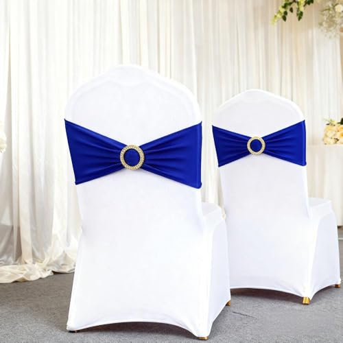 Image of Royal Blue Chair Sashes 50 Pack, Spandex Blue Chair Bows with Gold Buckle for Wedding Decoration, Stretch Blue Chairs Bands for Party Banquet Gender Reveal Decor