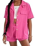 Verdusa Girl's 2 Piece Outfit Button Up Short Sleeve Shirt and Short Sets Hot Pink 11-12Y