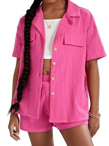 Verdusa Girl's 2 Piece Outfit Button Up Short Sleeve Shirt