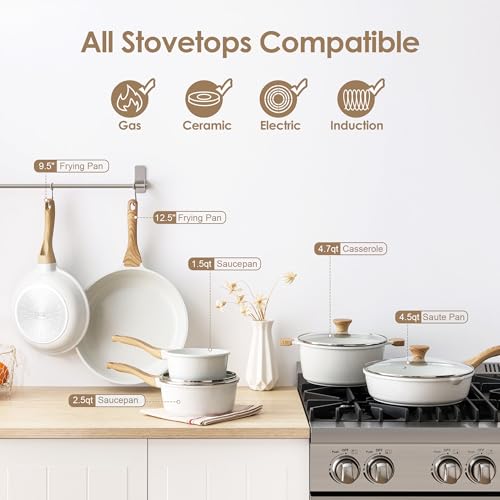 Image of SENSARTE Nonstick Ceramic Cookware Set 16-Piece, Healthy Pots and Pans Set, Non-toxic Kitchen Cooking Set with Stay-Cool Handles, Silicone Utensils and Pot Protectors, PFAS /PTFE /PFOA Free