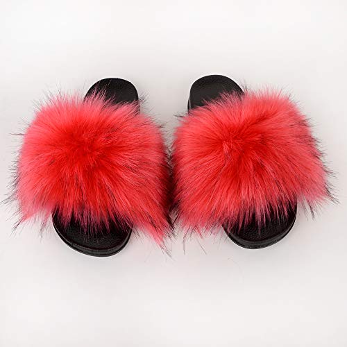 Image of MH Bailment Womens Furry Fluffy Slippers Faux Fur House Slippers Open Toe Fuzzy Slides Soft Flat Slip On Sandals for Indoor Outdoor