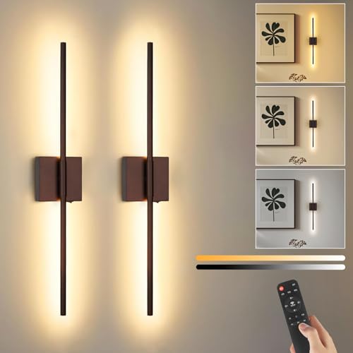 Image of Battery Operated Wall Sconce Set of Two with Remote Control, Rechargeable & Dimmable Wireless, Easy Install Peel and Stick, Timer Function, Linear Wall Lights for Living Room, Bedroom, 28.3 inch (Orb)