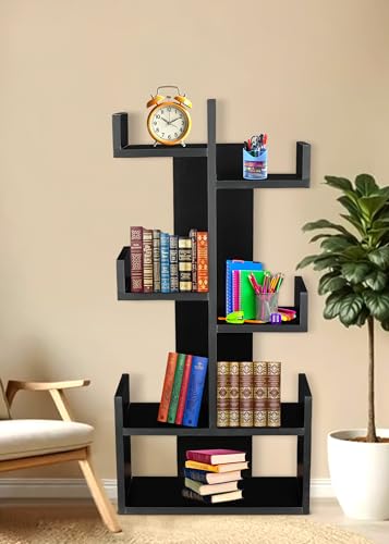 Image of SBF Furniture Tree Bookshelf Floor Standing Bookcase Free Standing Multipurpose Storage Rack for Books Magazines Organizer Showcase DIY (KURTIZ - Black, KURTIZ)