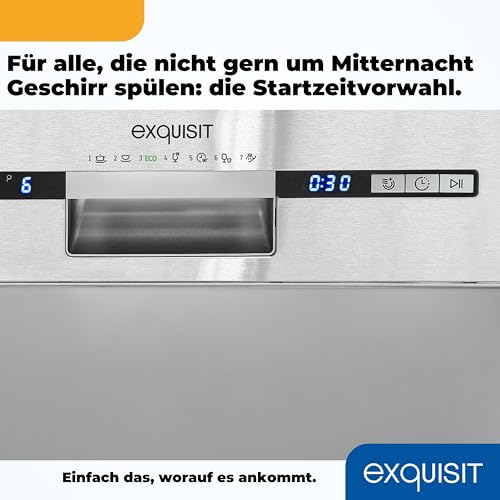 Exquisit Geschirrspüler | 9 Maßgedecke, Energieeffizienzklasse E, 49 dB(A) | schmal, kompakt, 7 Programme, Eco, Intensiv, Kurz, Extra-Trocknung, Startzeitverzögerung | GSP9309-030E silber
