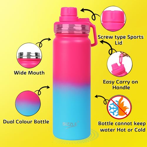 Image of Sizzle Element Modern Stainless Steel Water Bottle 750 ML - Lightweight Leakproof Bottle with Powder Coating Finish - Dual Pink Blue Colour - For Kids & Adults