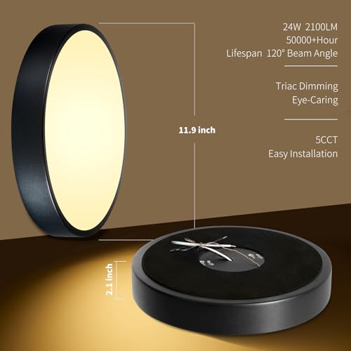 Image of Flush Mount Ceiling Light Fixtures Black LED Dimmable 5CCT 12In 24W 2Pack
