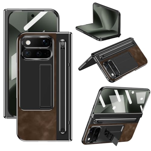 Coque Pixel 11 Pro en cuir café avec charnière robuste protège-écran et porte-stylet intégré