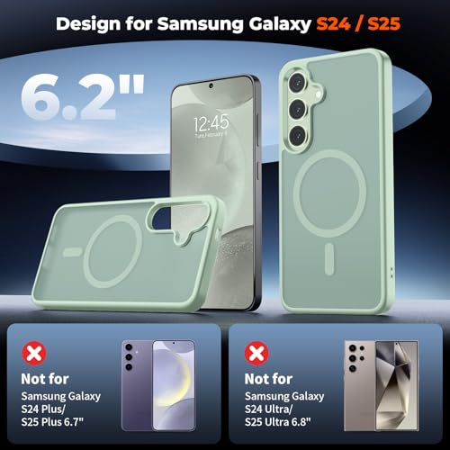 Image of SUPFINE Magnetic for Samsung Galaxy S24 Case / S25 Case with Screen Protector, (Built-in Magnets) (Military Grade Drop Protection) Slim Translucent Shockproof Phone Case,Light Green