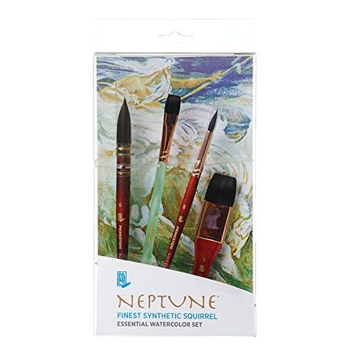 PRINCETON ARTIST BRUSH CO. PRINCETON Neptune, Pinceles para acuarela de bellas artes, Ardilla sintética, Set de 4 pinceles, mango corto, Caja de plástico, 4 unidades
