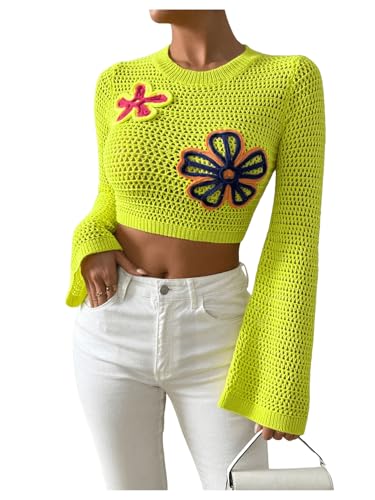 Image of SweatyRocks Women's Floral Flare Sleeve Hollow Out Pullover Cropped Sweaters Yellow Large