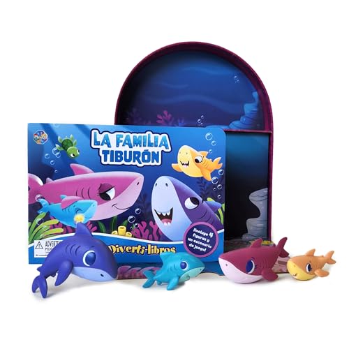 Phidal La Familia Tiburón Mini Diverti-Libros - Libros de actividades para niños, cuento de 12 páginas, 4 figuras, 1 escenario de juego