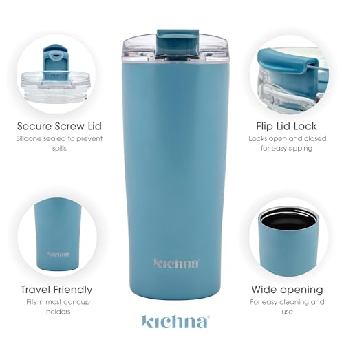 Kichna Brewer Travel Coffee Tumbler with Flip Lid Lock, Powder Blue, 550 ml - Image 2