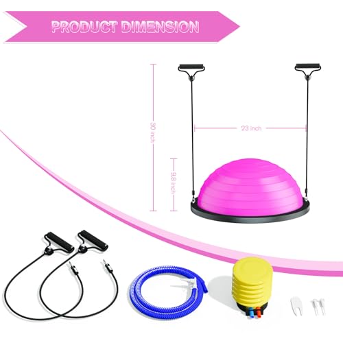 Image of Half Balance Ball Trainer - 23 Inch Half Exercise Ball for Workout, Physical Therapy, Yoga, Home Gym, Core Strength, Stability, Fitness, Balance Training Equipment with Resistance Bands, Foot Pump