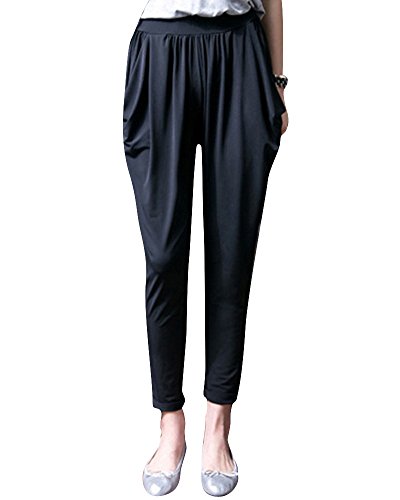 Mengmiao Mujer Color Puro Elástico Cintura Alta Suelto Casual Tallas Grandes Harem Pantalón Negro9 5XL Cover