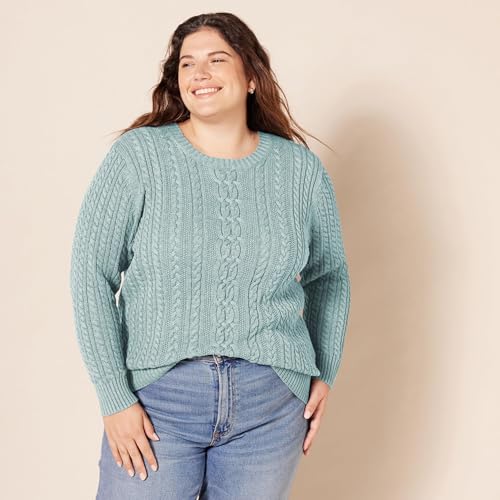 Image of Amazon Essentials Women's Regular Fit Soft Cotton Cable Knit Ribbed Crewneck Sweater (Available in Plus Size)