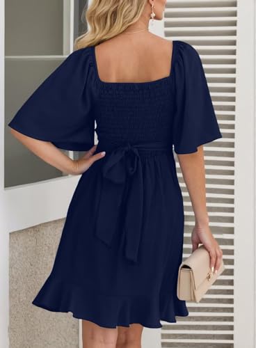 Image of Dokotoo Women's Wrap V Neck Short Flared Sleeve Wedding Guest Dress Smocked Elastic Waist Tiered Belted Ruffle Hem Mini Dress