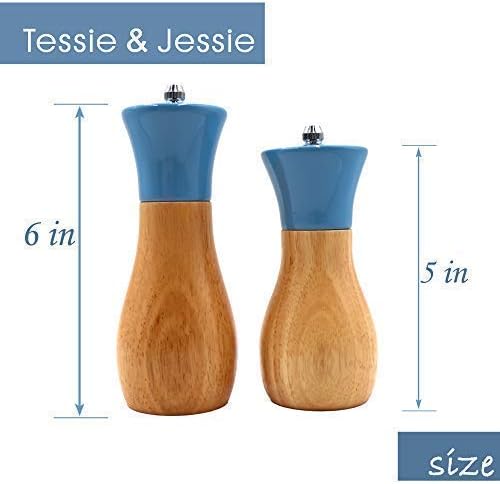 Salt Grinder Wooden Pepper Salt Grinder Set Pepper Mill Salt & Pepper Shakers - Stainless Ceramic Refillable Oilcan Stylish for Sea Salt Black Pepper - By Tessie & Jessie (Oilcan5"+6", Blue)