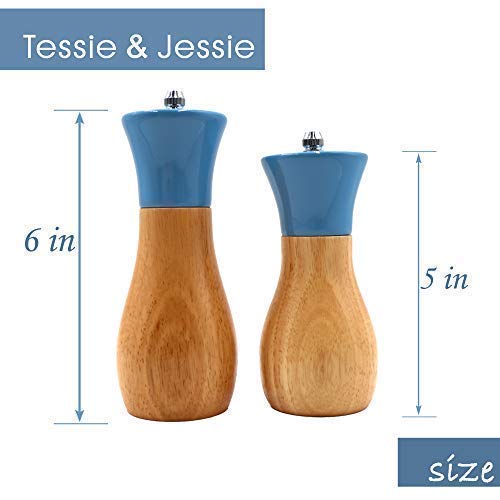 Salt Grinder Wooden Pepper Salt Grinder Set Pepper Mill Salt & Pepper Shakers - Stainless Ceramic Refillable Oilcan Stylish for Sea Salt Black Pepper - By Tessie & Jessie (Oilcan5