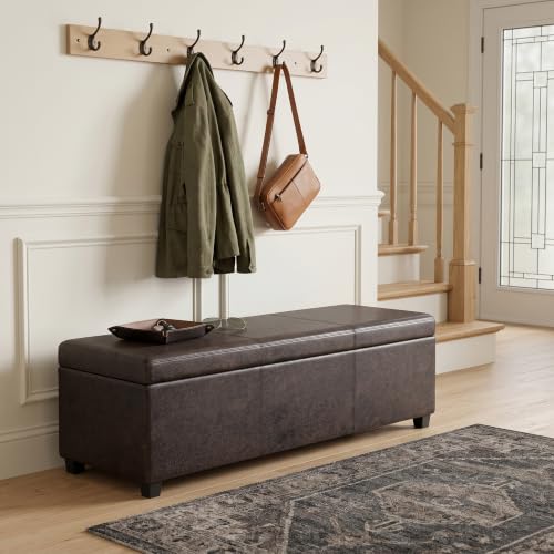 Image of SIMPLIHOME Avalon 54 inch Wide Vegan Leather Storage Ottoman in Brown