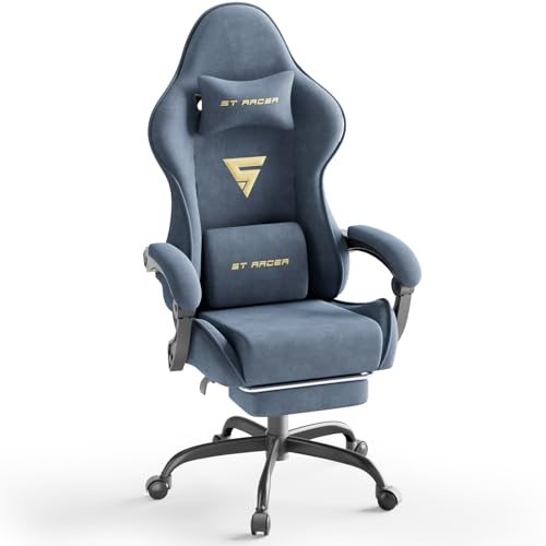 Image of Gaming Chair Racing for Adult, Office Chair with Footrest Massage Lumbar Cushion, Velvet Fabric Reclining Video Game Chairs, Ergonomic Computer Chairs Height Adjustable, for Home Streaming, Grey