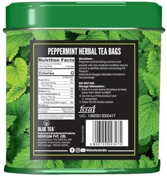 BLUE TEA - Peppermint Tea - 30 Count - Pyramid Plant Based Tea Bag | SUPPORTS DIGESTION | Antioxidant Rich | Fresh & Cool Minty Flavour | Caffeine Free - Herbal Tea - Non-Bitter - Leaf Based | Ziplock Pack