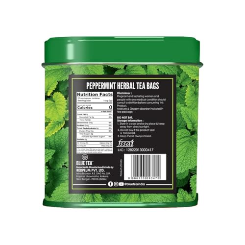 BLUE TEA - Peppermint Tea - 30 Count - Pyramid Plant Based Tea Bag | SUPPORTS DIGESTION | Antioxidant Rich | Fresh & Cool Minty Flavour | Caffeine Free - Herbal Tea - Non-Bitter - Leaf Based | Ziplock Pack