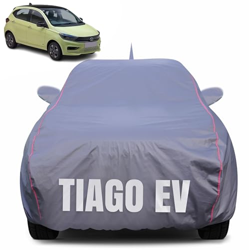 Image of 100% Waterproof Car Body Cover for Tata Tiago EV with Mirror Pocket (Heat & UV Resistant, Triple Stitched, Soft Lining, Bottom Elastic & Piping) Grey
