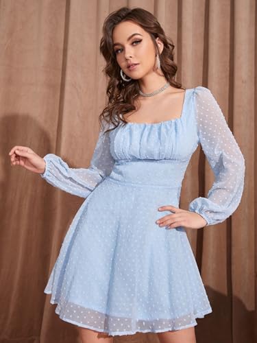 Image of Women's Polka Swiss Dots Square Neck Dress Lantern Long Sleeve Dress for Women Chiffon Mini Dress