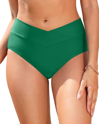 Image of Women V Cut Full Coverage Bikini Bottom - High Waist Swim Bathing Suit Bottoms Cross V Front Swimsuit