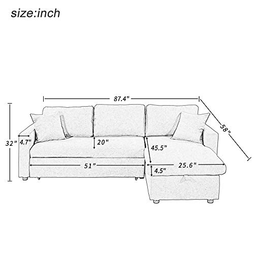 Polibi 87.4" Convertible Sleeper Sofa Bed With Pull-Out Design, Storage Chaise And 2 Tossing Cushions, L-Shape 3-Seats Sofa Couch For Living Room (Dark Grey) #TOP1