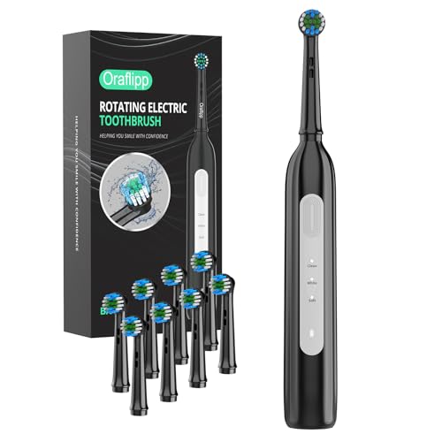 ORAFLIPP Rotating Electric Toothbrush - 3 Cleaning Modes Smart Memory & 2-Minute Timer Type-C Rechargeable Sonic Toothbrush with Low Battery Alert Includes 8 Replacement Brush Head (Black)