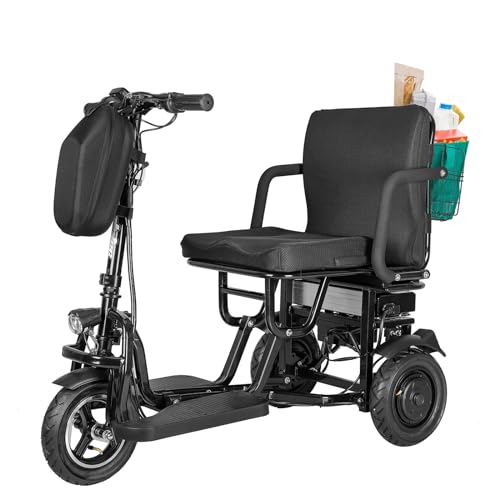 Becivy 3 Wheels Electric Powered Lightweight Mobile Scooter, Folding Mobility Scooter for Adults and Seniors with LED Lights and Foldable Basket Including Charger, 300lbs Capacity, 20 Miles, Black
