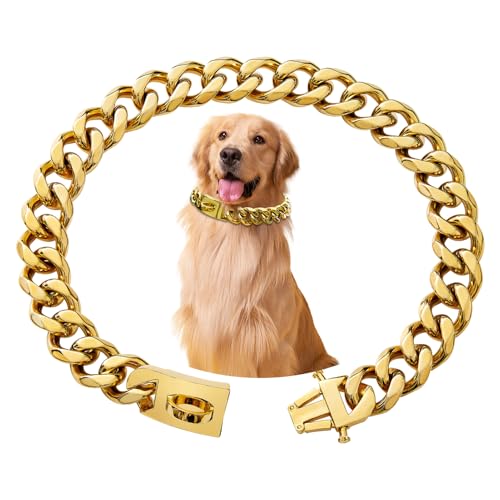 Collare a Catena per Cane, Collare Dorato a Catena per Cane con Catena in Metallo, Collare Cubano per Cane da 15mm, Collana per Cane in Acciaio Inox con Fibbia per Cani Piccoli, Medi e Grandi (25cm)