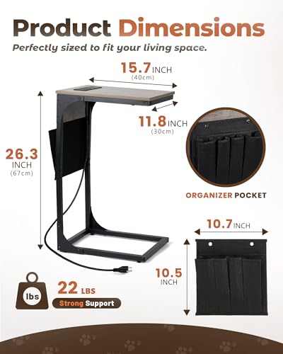 C-Shaped Charging End Table with Storage, Greige Couch Side Tray