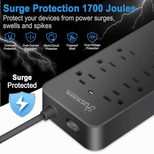 Regleta protectora contra sobretensiones con enchufe plano de 25 pies - 8 tomas y 3 puertos USB (A y C), regleta extensible montable en pared para oficina en casa - Negro - Certificación ETL miniatura 5