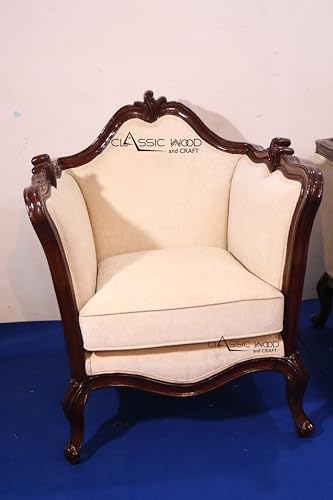 Image of CLASSIC WOOD & CRAFT Luxury Wooden Sofa Set with Center Table | Hand-Carved Solid Teak Wood Sofa Set with Upholstery | Royal Living Room Furniture for Home (Cream Dark Walnut 7 Seater)