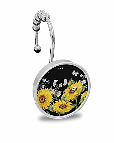 Decorative Shower Curtain Hooks 12Pcs Sunflower Butterfly Park Black Crystal Glass Design Shower Curtain Rings Stainless Steel Rustproof Shower Curtain Hangers For Bathroom Toilet Closet #TOP4