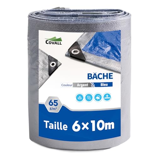 Covall Bâche de Protection Imperméable Exterieur 65g/m² Argent/Bleu légères 6x10m étanche Trous soudés aux Moisissures Multi usages UV pour Voiture Camion RV Maison Tente Bateau Piscine