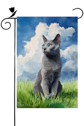 Ice ink Cute Russian-Blue Cat Garden Flag Blue Sky Clouds