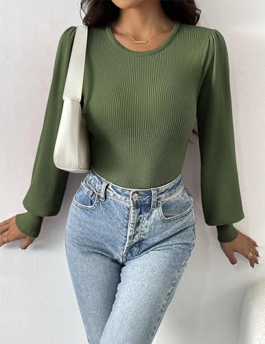 Image of Zeagoo Womens Sweaters Long Sleeve Bodysuits 2026 Fall Crewneck Puff Knit Pullover Tops